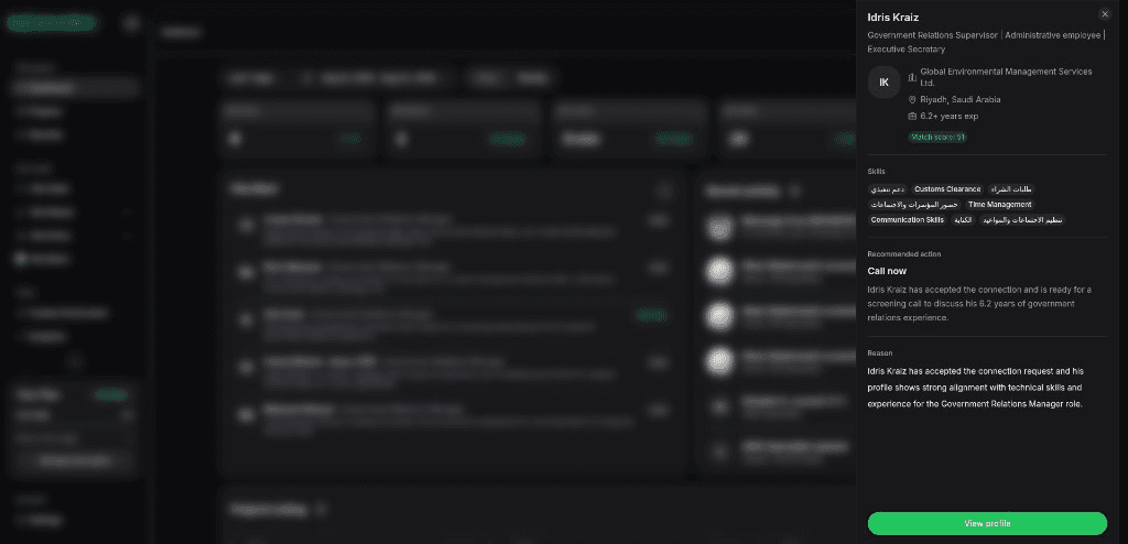 Hiro:Next candidate drawer with match score, skills, and a Call now recommendation.