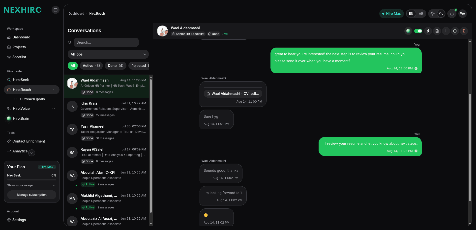 Hiro:Reach message thread with a candidate showing resume collection and phone number in conversation.