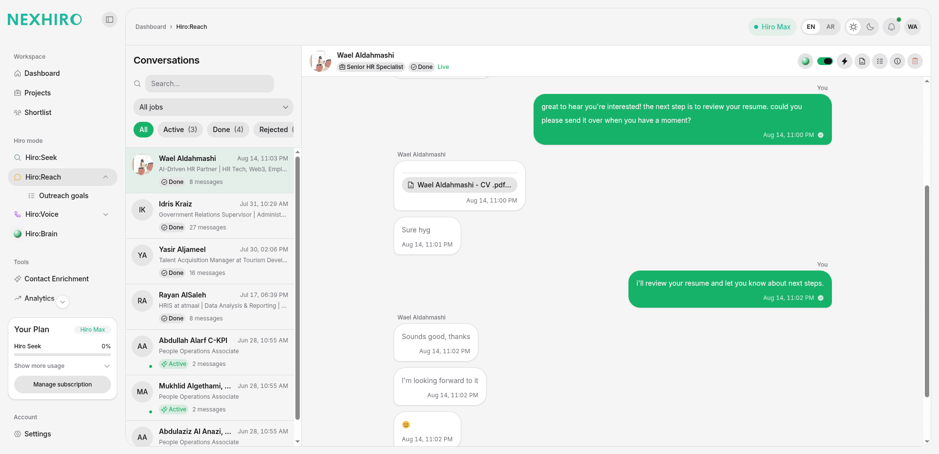Hiro:Reach message thread with a candidate showing resume collection and phone number in conversation.