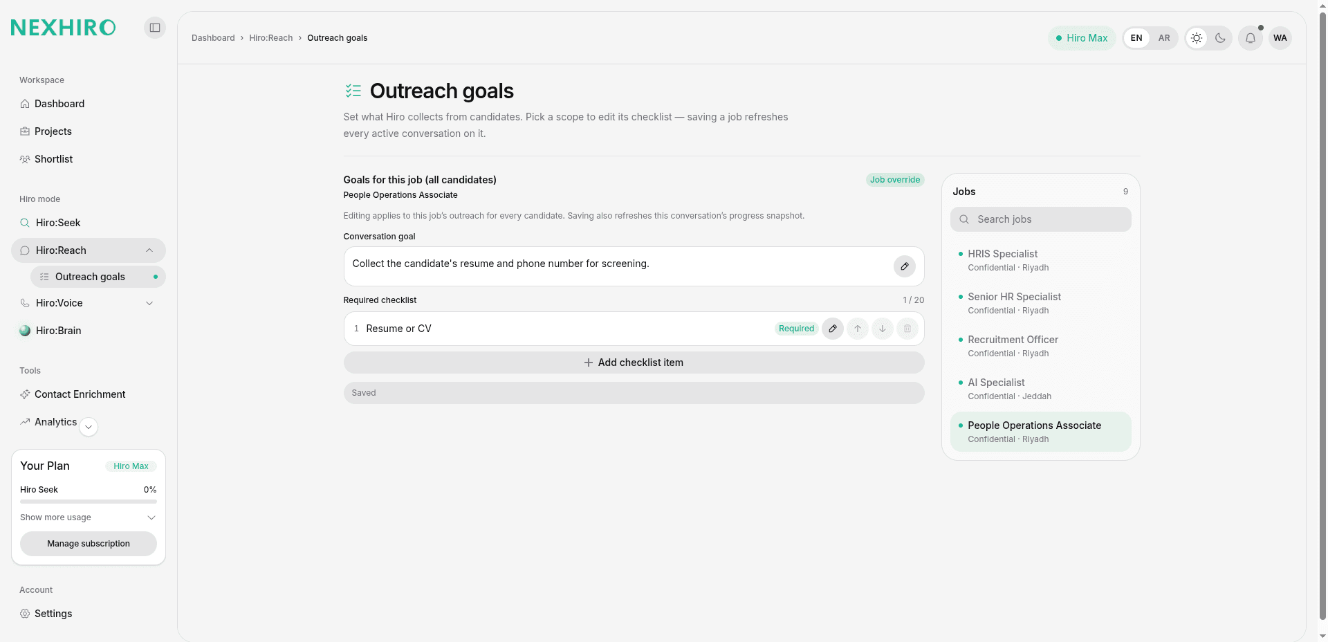 Hiro:Reach outreach goals screen with conversation goal and required checklist items.