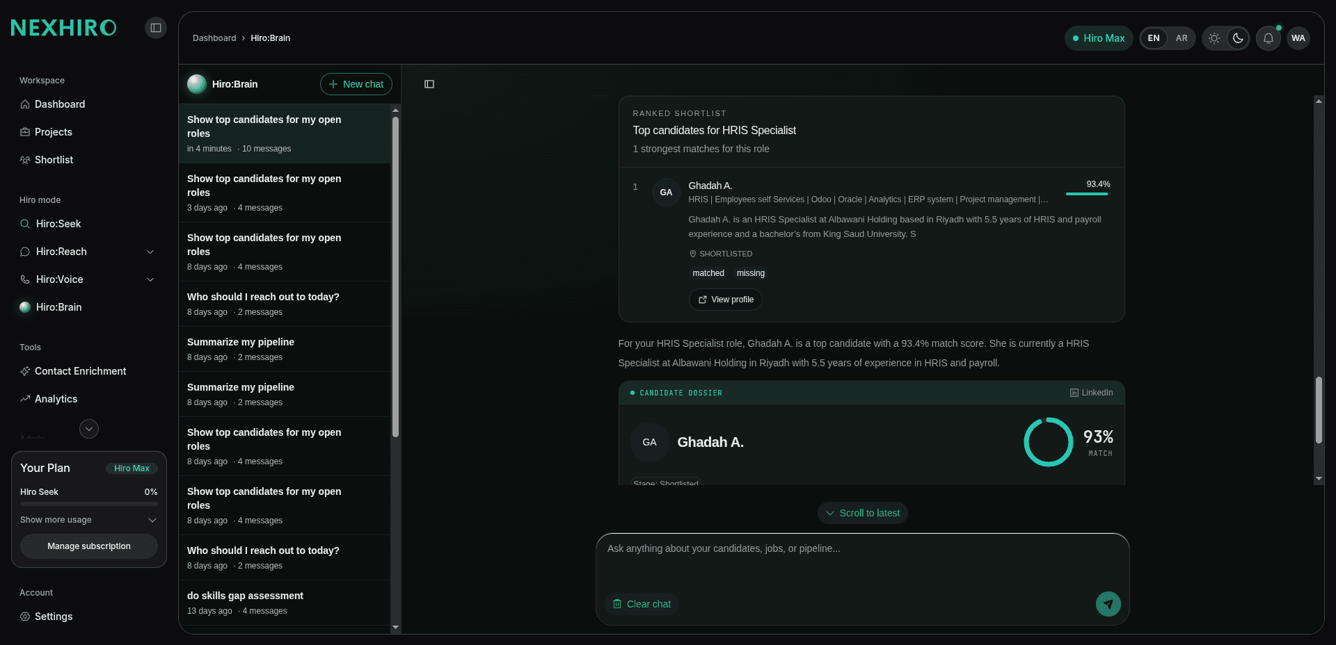 Hiro:Brain ranked shortlist and candidate dossier with match score in conversation.