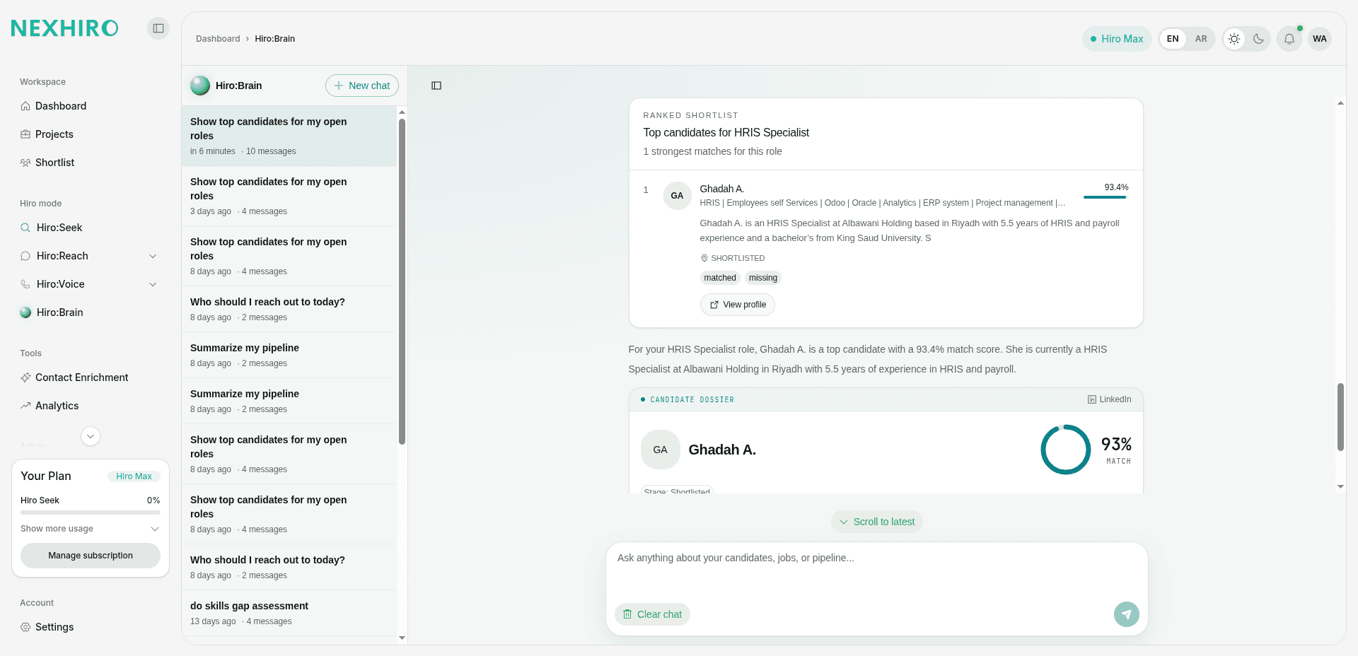 Hiro:Brain ranked shortlist and candidate dossier with match score in conversation.