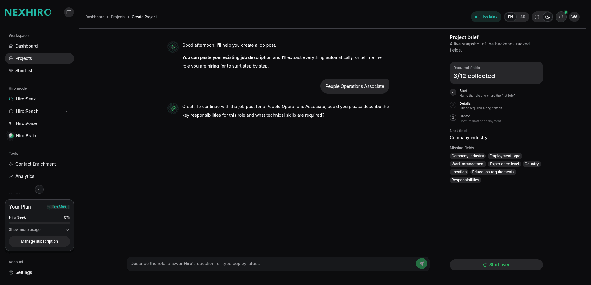 Hiro:Seek create-project chat with a live hiring brief filling in beside the conversation.