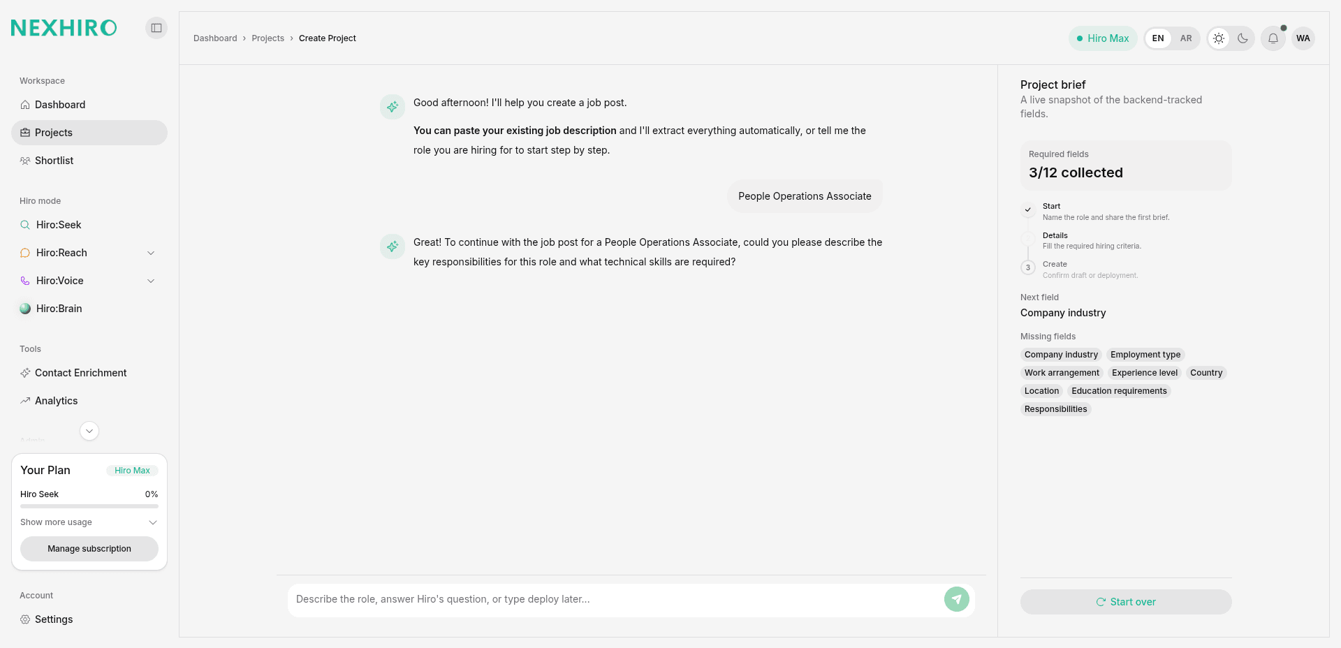 Hiro:Seek create-project chat with a live hiring brief filling in beside the conversation.