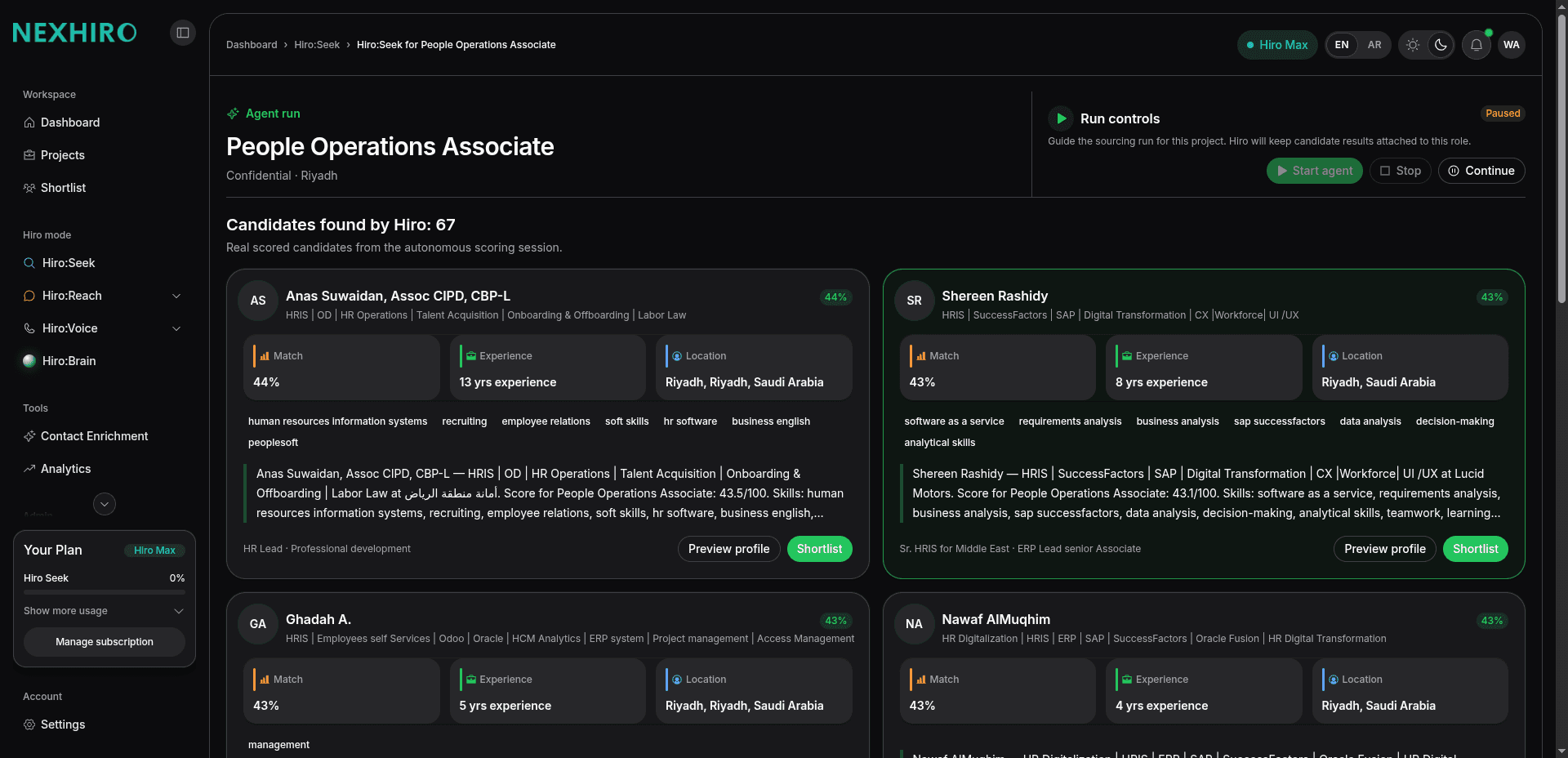 Hiro:Seek results with scored candidate cards and shortlist actions.