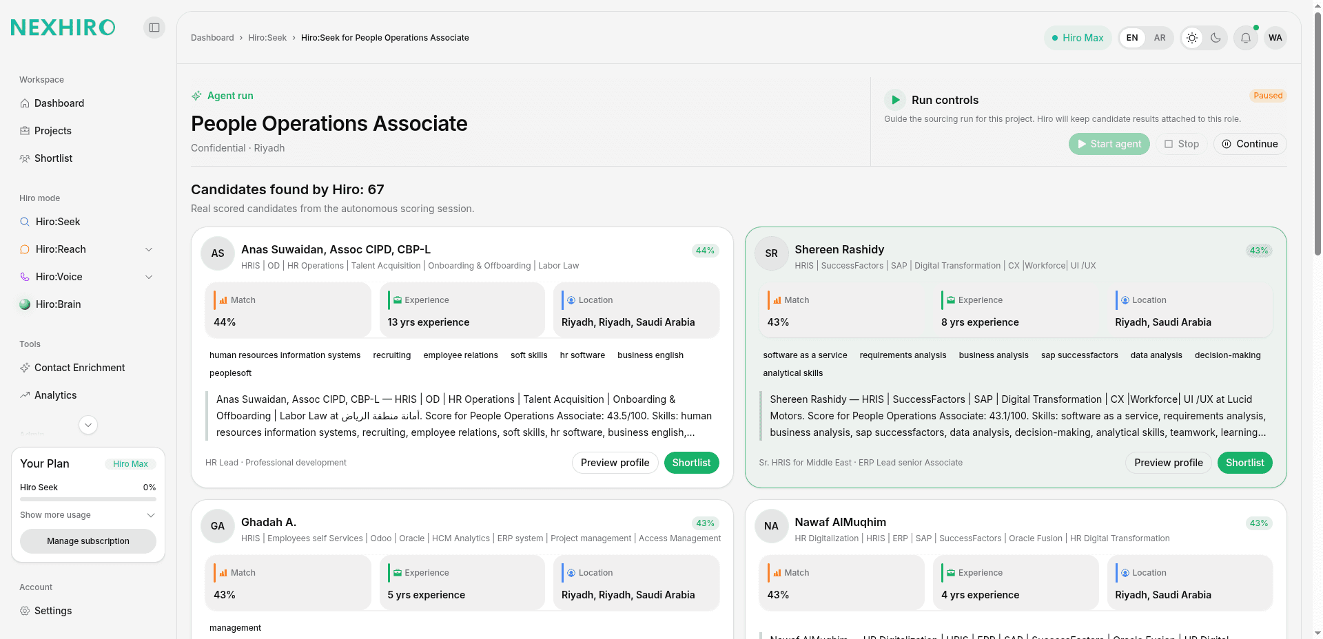 Hiro:Seek results with scored candidate cards and shortlist actions.