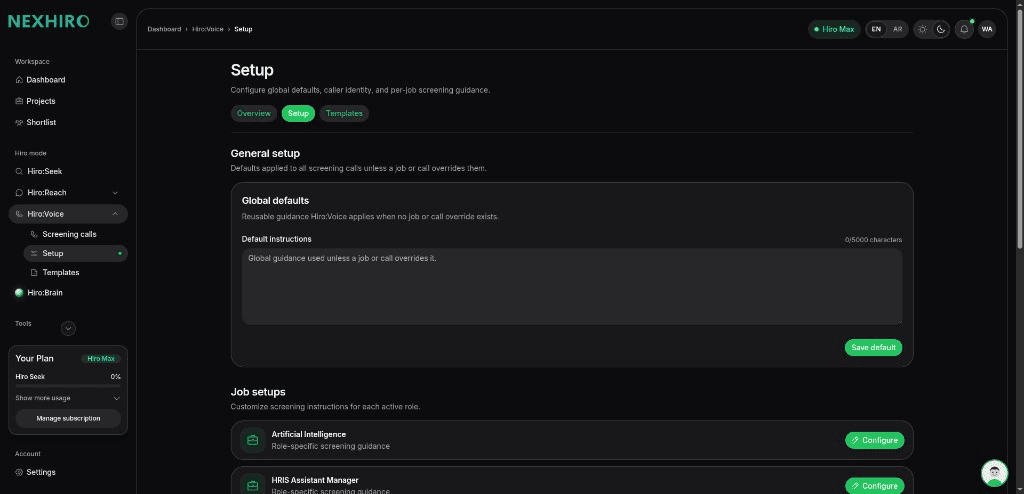 Hiro:Voice setup screen with global defaults and job specific configure actions.