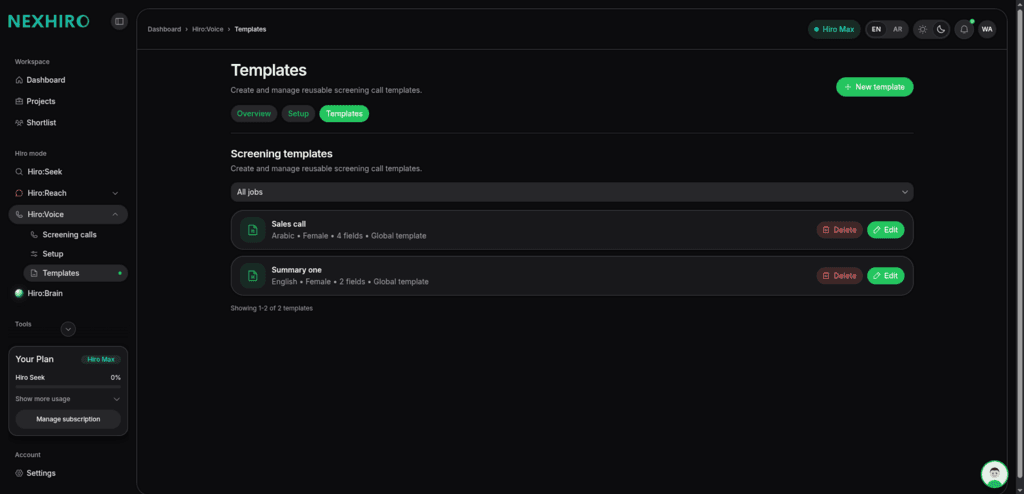 Hiro:Voice templates list with screening template cards and edit actions.