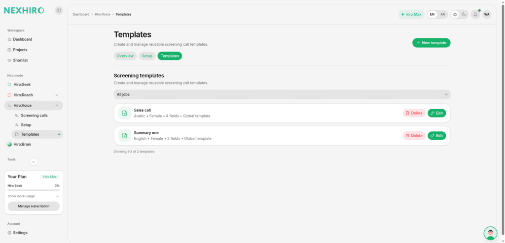 Hiro:Voice templates list with screening template cards and edit actions.